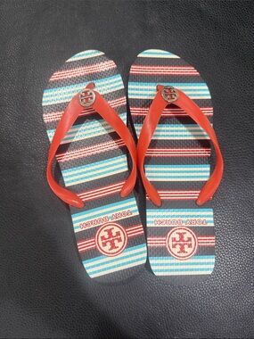 Tory Burch Red-Strap Striped Logo Flip Flops